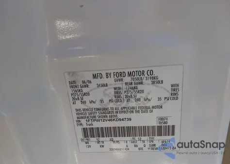 2006 Ford F-150 Lariat/Xlt z USA, uszkodzony, nr VIN 1FTPW12V46KD94739